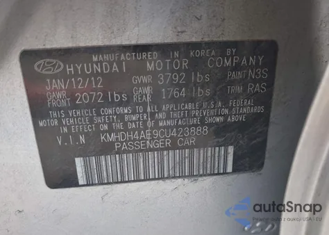 2012 Hyundai Elantra Gls from USA, damaged, VIN KMHDH4AE9CU423888